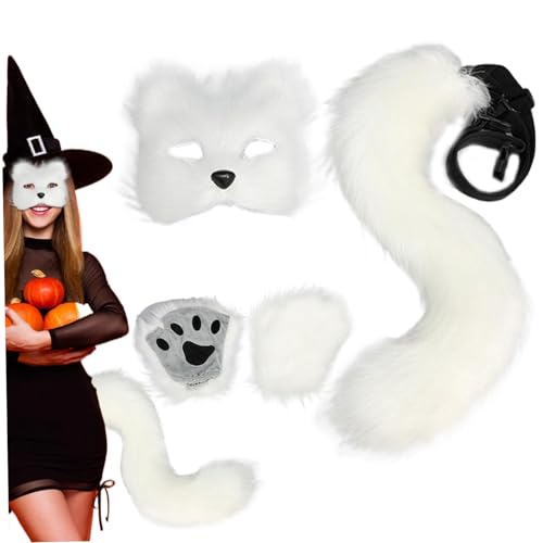 CNAFGBGG Fox Maske und Schwanz mit Fox Paws Realistische personalisierte plüschflauschige Fuchskostüm für Frauen dekoratives pelziges Katzenkostüm für Cosplay -Party Halloween Masquerade (weiß) ... von CNAFGBGG