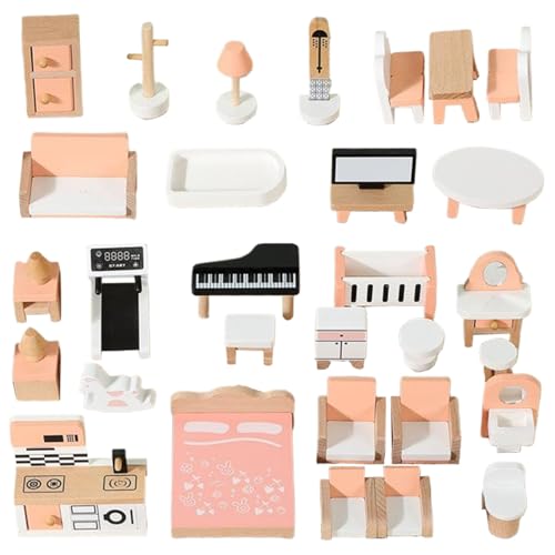 CNAFGBGG Holzpuppenhausmöbel Set, 34 PCs Dollhouse Miniatur MULATIONAL Dollhouse Accessoires tun Spielen Spielzeug für Kinder, Jungen, Mädchen im Alter von 3+ von CNAFGBGG