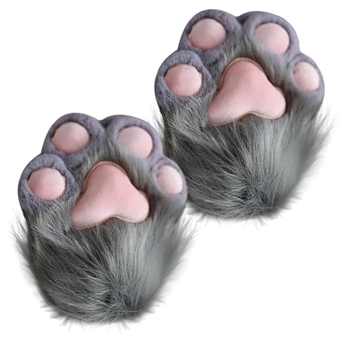 CNAFGBGG Katzenpfotenhandschuhe 1 Paar Plüsch pelzige Pfoten Fäustlinge Therian Handschuhe für Cosplay- und Anime-Kongresszubehör, Grau. von CNAFGBGG