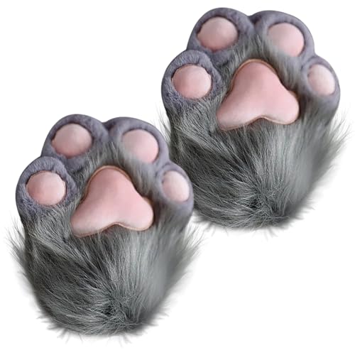 CNAFGBGG Katzenpfotenhandschuhe 1 Paar Plüsch pelzige Pfoten Fäustlinge Therian Handschuhe für Cosplay- und Anime-Kongresszubehör, Grau. von CNAFGBGG