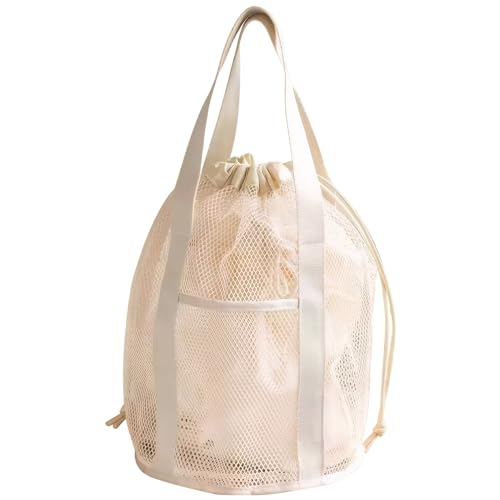 CNAFGBGG Kids Beach Bag Beach Tote Tasche mit Kordelfaltbarer Strandspielzeugbeutel mit 2 Vordertaschen Schwimmbad Mesh Taschen Kordelstring für Spielzeug, Handtuch, Flip Flops Beige. von CNAFGBGG