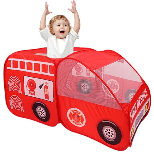 CNAFGBGG Kinder Spielen Zelt Pops-up Lüftung Feuerwehrauto Form Kinderzelt mit Türflip & Top Öffnen kratzfestes Polyester-Auto-Kinderspielhaus mit Drahtrahmen für Mädchen Jungen Geschenk von CNAFGBGG