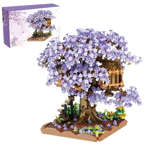 CNAFGBGG Kirschblütenbaumhaus Plastik Kirsch Bonsai Baum montiert süße Blumenbaum DIY -Mini -Bausteine ​​Sets für Erwachsene, 14+ Teenager (ohne Licht) lila ... von CNAFGBGG