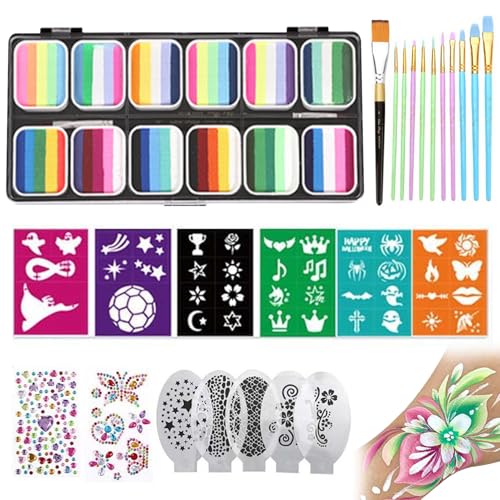 CNAFGBGG Schminken -Kit, 12 Split Cake Palettes Facepaint Make -up -Kit mit Schablonen -Pinselaufklebern, Regenbogen ungiftiger Gesichtsfarbe Körperfarbe für Kinder Erwachsene, Halloween, Karneval von CNAFGBGG