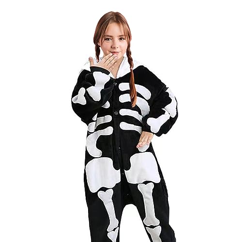 CNAFGBGG Skelettkostüm Unisex mit Kapuze -Schädel Skelett Jumpsuit Größe 140 Skelettsneensie Weiche und gemütliche gruselige Schwarze und weiße Cosplay Halloween Kostüm für Kinder von CNAFGBGG