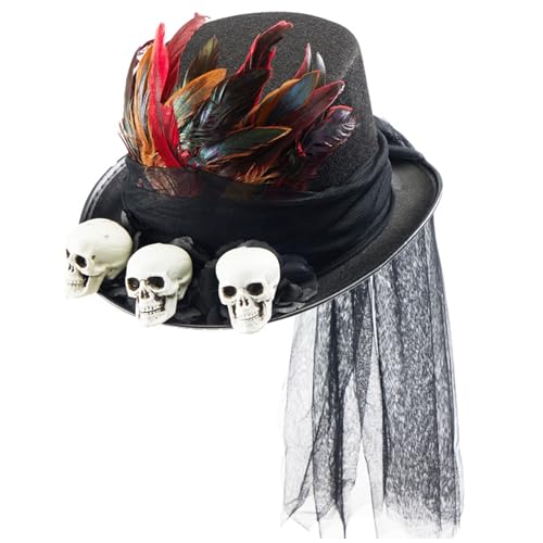 CNAFGBGG Steampunk Hat Grusooky Halloween Top-Hut mit Federn, schwarzem Netz und 3 Schädel Kopf Kopfstück von CNAFGBGG