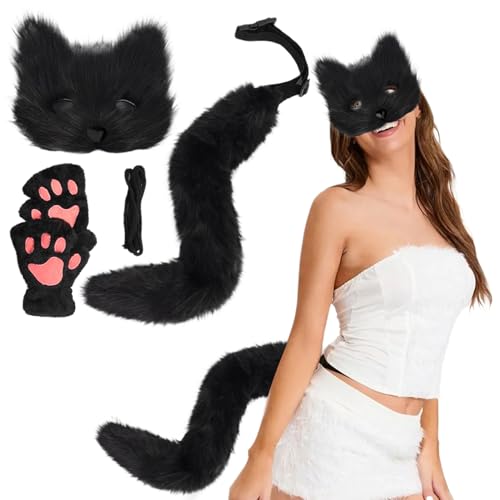 Fox Kostüm Halloween Pelzige Therian Maske und Schwanz & Pfoten Handschuhe Plüsch flauschige Katze Wolf Pelry Kostüm mit Maske, Schwanz und Handschuhen für Cosplay -Party Halloween Masquerade (s von CNAFGBGG