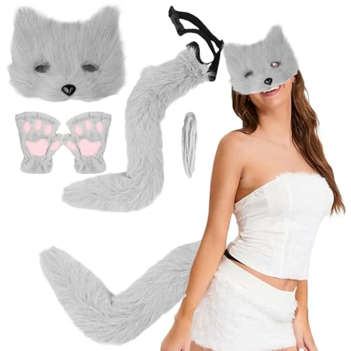 Fox Kostüm Halloween Pelzige Therian Maske und Schwanz & Pfoten Handschuhe Plüsch flauschige Katze Wolf Pelsery Kostüm mit Maske, Schwanz und Handschuhen für Cosplay -Party Halloween Masquerade von CNAFGBGG