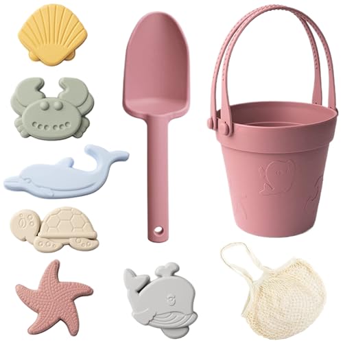 Sandspielzeug für Kinder, 8pcs Safe Silikonstrandspielzeug mit Schaufel, Eimer und Sandformen, wasserdichte Sandkastenspielzeug für Reisen Sommer im Freien, Ziegelrot rot von CNAFGBGG