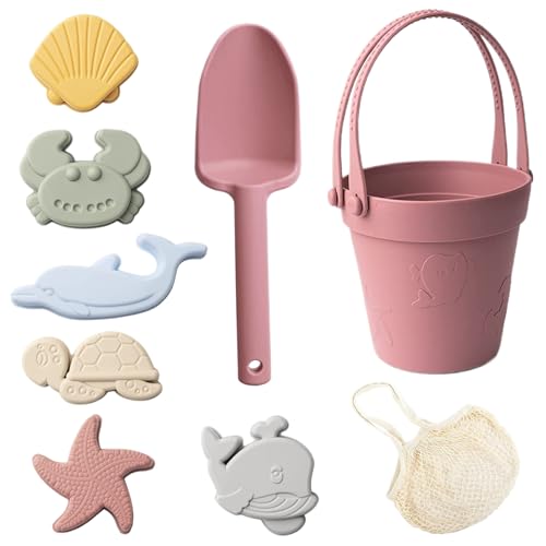 Sandspielzeug für Kinder, 8pcs Safe Silikonstrandspielzeug mit Schaufel, Eimer und Sandformen, wasserdichte Sandkastenspielzeug für Reisen Sommer im Freien, Ziegelrot. von CNAFGBGG