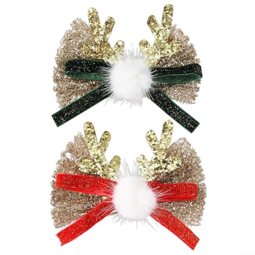 CNANRNANC 2 Stück Weihnachts-Kindergeweih-Haarnadeln, Kopfschmuck, glänzende Schleife, Entenschnabel-Clips(rot+grün) von CNANRNANC