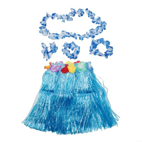 CNANRNANC 5 Stück Gras Röcke Grasröcke Hawaii Kostüm Set mit Hula Rock, Blume Stirnband, Blumen Armband, Halskette Girlande für Frauen Sommer Strand Tropische Party Dekoration(Blau) von CNANRNANC