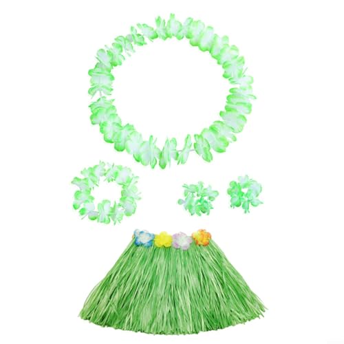 CNANRNANC 5 Stück Gras Röcke Grasröcke Hawaii Kostüm Set mit Hula Rock, Blume Stirnband, Blumen Armband, Halskette Girlande für Frauen Sommer Strand Tropische Party Dekoration(Grün) von CNANRNANC