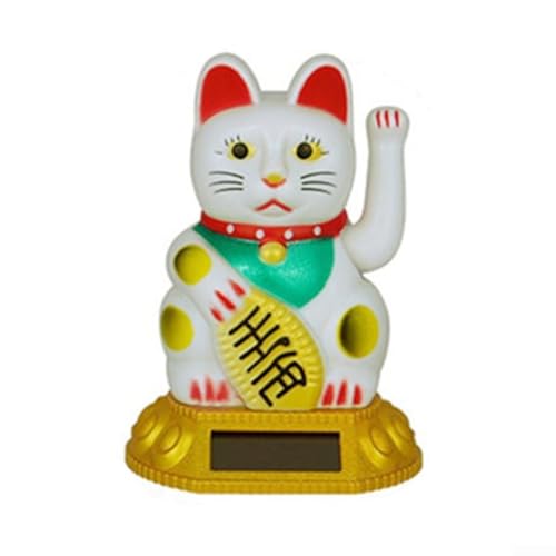 Solarbetriebene winkende Glückskatze Maneki Neko, goldenes Finish mit grünem Lätzchen (weiß) von CNANRNANC