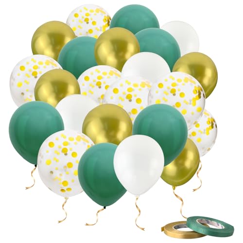 CNMTCCO luftballons 60 Heliumballons in Vintage Avocadogrün mit Gold und Weiß, 2 Rollen Papierband. Ideal für eine Vielzahl von Feiern wie Geburtstage, Hochzeiten, Jubiläen und Partydekorationen. von CNMTCCO