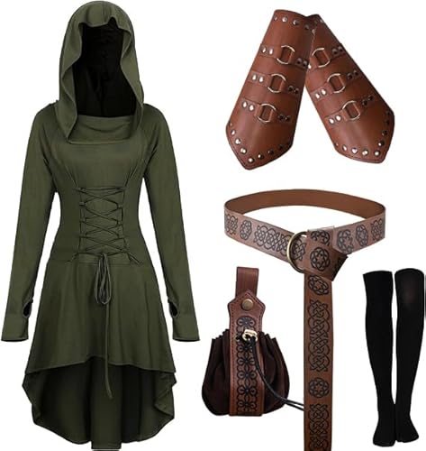 CNVAUIE Mittelalter Kleidung Kostüm Damen Set Mittelalterliches Kapuzenkleid Set Renaissance Kostüm Set mit Armschützern Gürtel Gürteltasche Strümpfe Zubehör (grün, 2XL) von CNVAUIE