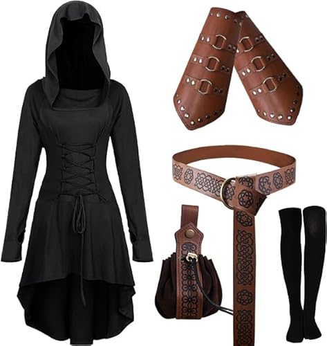 CNVAUIE Mittelalter Kleidung Kostüm Damen Set Mittelalterliches Kapuzenkleid Set Renaissance Kostüm Set mit Armschützern Gürtel Gürteltasche Strümpfe Zubehör (schwarz, L) von CNVAUIE