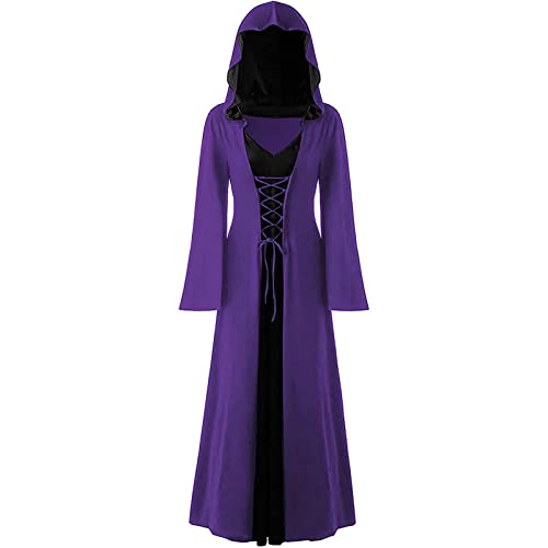 CNVAUIE Halloween Vintage Hexenkleid Frauen Renaissance Mittelalter Kostüm Kleid Halloween Vampir Hexe Kapuzenkostüm (Lila-schwarz, 3XL) von CNVAUIE