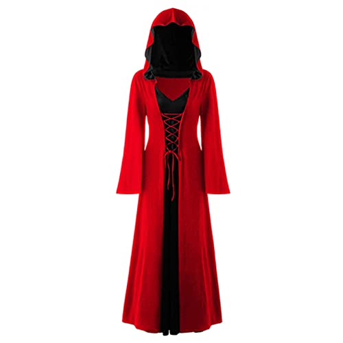 CNVAUIE Halloween Vintage Hexenkleid Frauen Renaissance Mittelalter Kostüm Kleid Halloween Vampir Hexe Kapuzenkostüm (Rot/Black, 4XL) von CNVAUIE