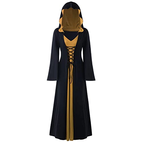 CNVAUIE Halloween Vintage Hexenkleid Frauen Renaissance Mittelalter Kostüm Kleid Halloween Vampir Hexe Kapuzenkostüm (Schwarz/Gold, 3XL) von CNVAUIE