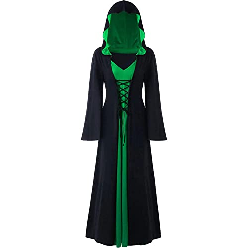 CNVAUIE Halloween Vintage Hexenkleid Frauen Renaissance Mittelalter Kostüm Kleid Halloween Vampir Hexe Kapuzenkostüm (Schwarz/Grün, 3XL) von CNVAUIE