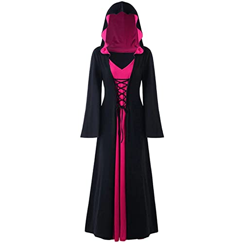 CNVAUIE Halloween Vintage Hexenkleid Frauen Renaissance Mittelalter Kostüm Kleid Halloween Vampir Hexe Kapuzenkostüm (Schwarz/Rosa, 3XL) von CNVAUIE