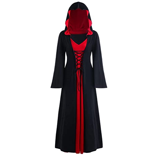 CNVAUIE Halloween Vintage Hexenkleid Frauen Renaissance Mittelalter Kostüm Kleid Halloween Vampir Hexe Kapuzenkostüm (Schwarz/Rot, 4XL) von CNVAUIE