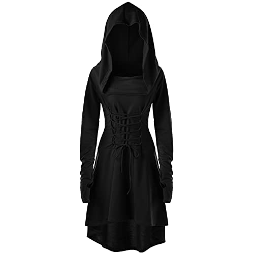 CNVAUIE Renaissance Kostüm Damen Gewand Mittelalterliches Kapuzenkleid Gothic Kleid Cosplay für Halloween Karneval (schwarz, L) von CNVAUIE