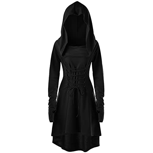 CNVAUIE Renaissance Kostüm Damen Gewand Mittelalterliches Kapuzenkleid Gothic Kleid Cosplay für Halloween Karneval (schwarz, S) von CNVAUIE