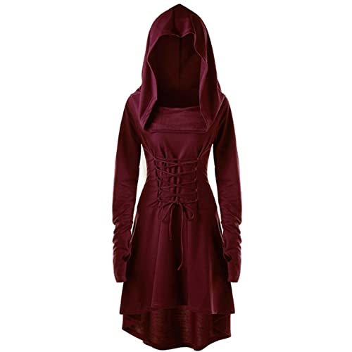 CNVAUIE Renaissance Kostüm Damen Gewand Mittelalterliches Kapuzenkleid Gothic Kleid Cosplay für Halloween Karneval (weinrot, 2XL) von CNVAUIE