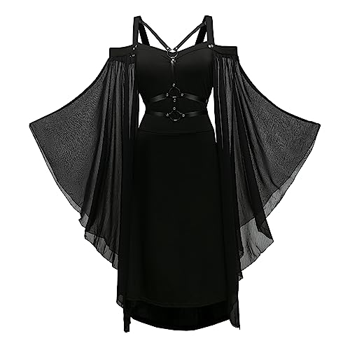 CNVAUIE Renaissance Kostüm Frauen Mittelalterliches Kleid mit Trompetenärmel Gotisch Maxikleid Karneval Halloween Party (Schwarz01, 2XL) von CNVAUIE