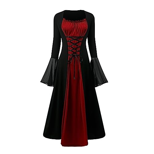 CNVAUIE Renaissance Kostüm Frauen Mittelalterliches Kleid mit Trompetenärmel Gotisch Maxikleid Karneval Halloween Party (Rosa, XL) von CNVAUIE