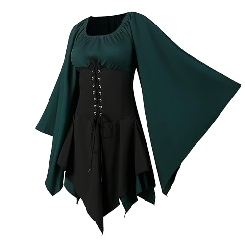 CNVAUIE Renaissance Kostüm Frauen Mittelalterliches Kleid mit Trompetenärmel Gotisch Maxikleid Karneval Halloween Party (Grüner, 2XL) von CNVAUIE