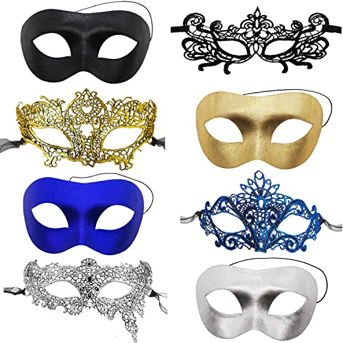CNYMANY 8 Stk Spitzenmasken für Paare Sexy Augenmaske für Frauen Männer zum Ballfest Venezianische Maskerade Kostüm - Schwarz, Gold, Silber, Blau von CNYMANY