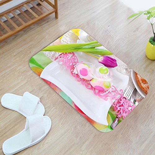 COBI Binpon123 Flannel Microfiber Door Mat Rug Table Decorated for Easter time in White and pink Colors 24 X 40 inch von COBI