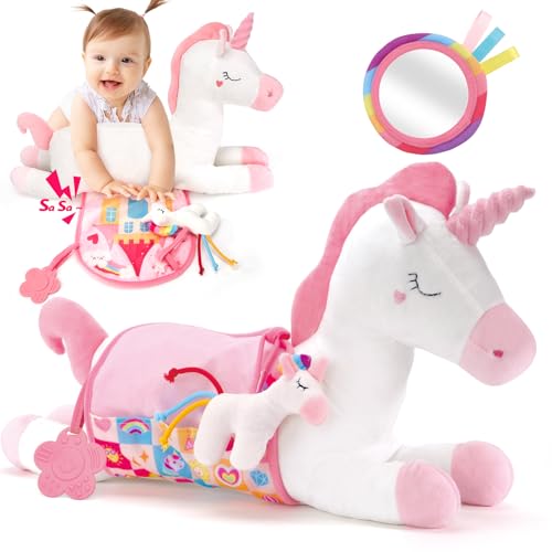 COCO&Friends Bauchlage Spielzeug Baby 0 3 6 Monate Tummy Time Baby 4 in 1 Plüsch Einhorn Aktivitätskissen mit Rassel, Spiegel und Beißring für Neugeborene Baby 0-6 Monate von COCO&Friends