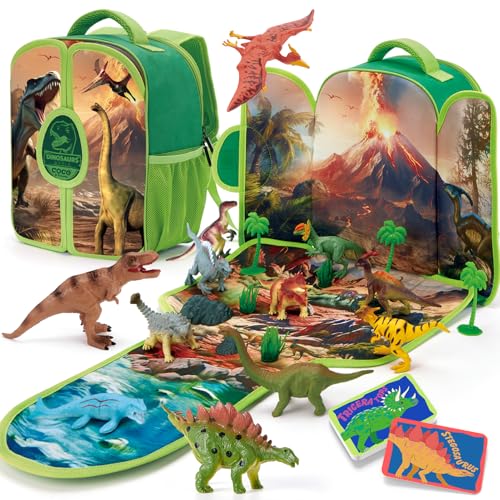 COCO&Friends Dinosaurier Spielzeug für Kinder 3 4 5 6 Jahre Junge, Geburtstagen Weihnachten Geschenk Spielzeug, 12 Dinosaurier Statuen und Lernkarten,Tragbarer Rucksack mit Faltbarer 3D-Spielmatte von COCO&Friends