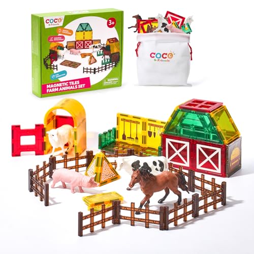 COCO&Friends Magnetische Bausteine Bauernhof Set,Magnetbausteine Kinderspielzeug mit 4 Tieren Schwein, Schaf, Kuh,Pferd,Montessori Kreative Spielzeug Geschenke für 3 4 5 6 7 Jahre von COCO&Friends