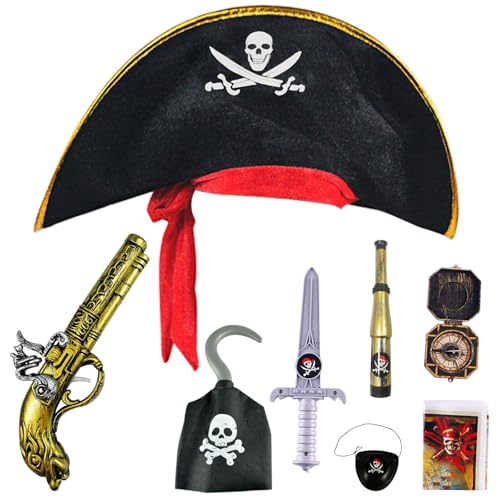 Piraten Zubehör Set 8 Stück Piraten Thema Pretend Party Spielzeug Kinder Party Cosplay Piratenkostüm Kinder Zubehör mit Piratenhut, Schwert, Pistole, Augenklappe, Kompass, Piratenhaken, Karte Fernglas von CODOMOR