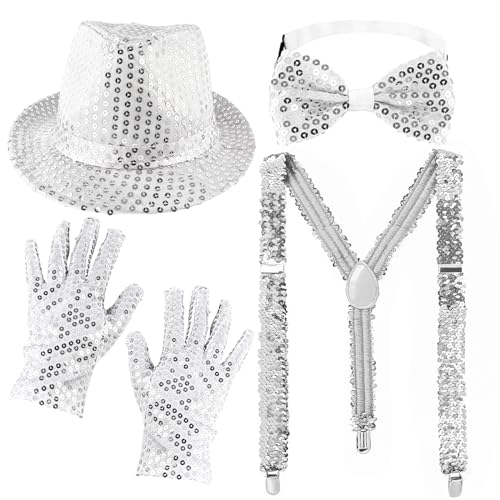 5 Stück Disco Accessoires , 70er Jahre Disco Zubehör, 1970er Jahre Disco Kostüm Silber Pailletten Hut Sliver Set mit Glitzer Krawatte und Hosenträger Herren für Fasching Party,Jazz Dance Performence von COEKI