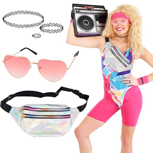 COEKI 80er 90er Jahre Malle Party Outfit Mallorca Outfit Metallic Bauchtasche Gürteltasche Herz Party Brillen für Hippie Neon Malle Mallorca Fasching Karneval Cosplay Kostüme Accessoires von COEKI