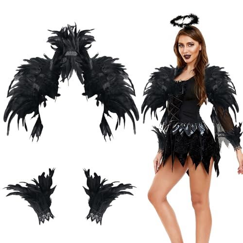 COEKI Gothic Natürlicher Federschal, Feder Shrug Schal Wrap Schulterwickel Gothic Kragen Top Wings, Damen Federumhang Cape, Gothic Federkragen für Karneval Masquerade Party Cosplay Kostüm (Schwarz) von COEKI