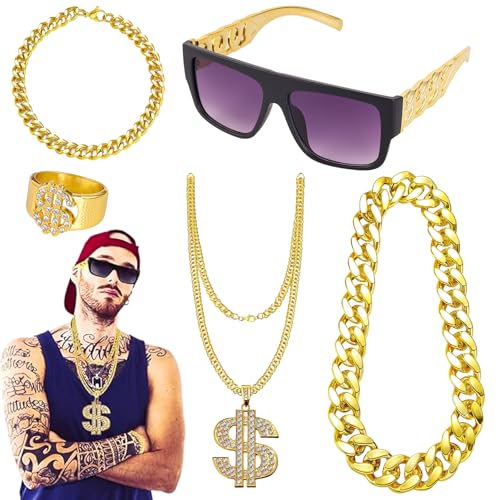 COEKI Hip Hop Kostüm Set, 5 Stück Rapper Hiphop Kostüm, 80er 90er Jahre Outfit Herren Gangster Schmuck, Dollar Kette & Ring Armband, Brille, Goldkette für Karneval Cosplay Fasching Party Zubehör von COEKI