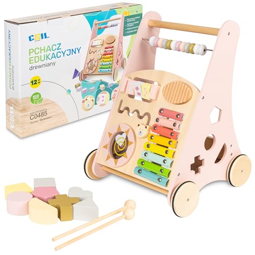 COIL Babywalker Lauflernwagen 3in1, Kinderwagen aus Holz, Lernspielzeug, ab 12 Monaten (Rosa) von COIL