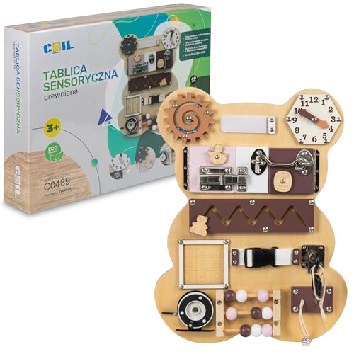 COIL Motorikbrett Bär - Montessori Busy Board ab 1 Jahr Spielzeug für Kleinkinder, Motorikwand aus Lindenholz, Lernspielzeug mit 10+ Aktivitäten, Sensorikbrett für Entwicklungsförderung von COIL