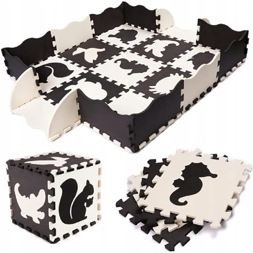 COIL Puzzelteppich für Kinder - Schaumstoff Spielmatte, Wasserdicht, Puzzlematte Baby Boden - Lernspielzeug mit Tiermotiven, Phthalatfrei - Faltbare Spielmatte Baby Puzzlematte 25 Elemente (Schwarz) von COIL