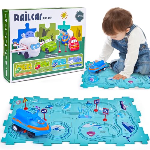 Auto Spielzeug Autorennbahn Spielzeugauto, 15 Stück DIY-Puzzlebahn für Kinderspielzeug, Montessori Lernspielzeug, Cars Spielzeug Auto Kinder Geschenk für Spielzeug ab 2 3 4 5 6 7 Jahre Junge (A) von COLEESON