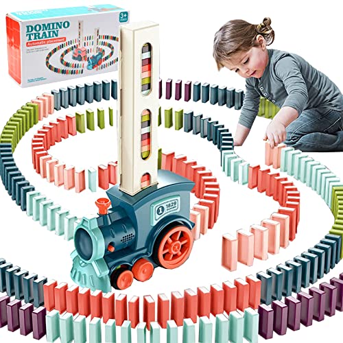 COLEESON Domino Zug Spielzeug Set, Automatischer Dominozug mit 100 Stück Dominoblöcken, Kinderbau und Stapelspielzeug für 3 4 5 6 7 Jahre alte Jungen und Mädchen(BLUE-100) von COLEESON