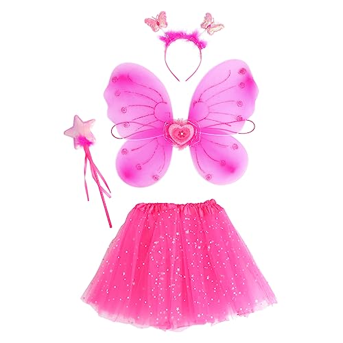 COLLBATH 1 Satz Schmetterlingsflügel vierteiliges Set Kind kurzes Kleid aus Kostüme Schmetterlingskostüm für Mädchen Stern fairy wand tanzkleider Feenrock Performance-Kleid Stoff Rosy von COLLBATH