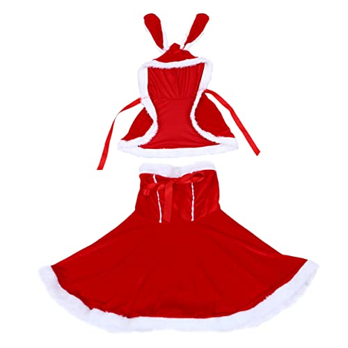 COLLBATH 1 Satz Weihnachtsrock Anzug Hasenkleid für Frauen zu Weihnachten Weihnachtskaninchenkostüm Kapuzenmantel für Damen seidenband bandfeile kurzer Rock Kostüm in Hasenform Samt rot von COLLBATH